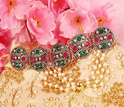Image of Touchstone Indian bracelets for women mixed metal cuff crystal rhinestones bracelet handcrafted wrist enhancer free size designer in gold or oxidized white tone
