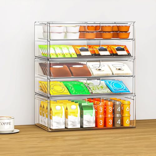 Image of caktraie Acrylic Stackable Storage Drawers Set of 6, Clear Plastic Storage Drawer Organzier, Storage Organizer, Makeup Organizer,Ideal for Vanity, Bathroom,Cabinet,Pantry Organization