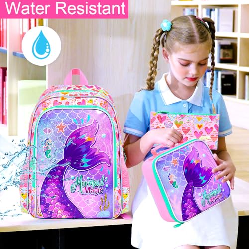 Image of 3Pcs Mermaid Backpack for Girls, 16 inch Kids Bookbag Set with Lunch Box，School Backpacks for Elementary Preschool Kindergarten (Pink)