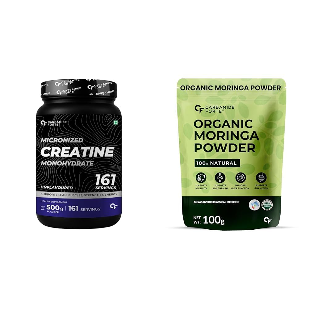 Carbamide Forte Creatine Mono hydrate Powder - Unflavoured - 500g & 100% Moringa Powder Organic 100g-image-23