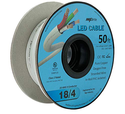 18Awg Low Voltage Led Cable 4 Conductor In-Wall Jacketed Pure Copper Speaker Wire Ul/Cul Class 2 (50Ft. Spool) #TOP2