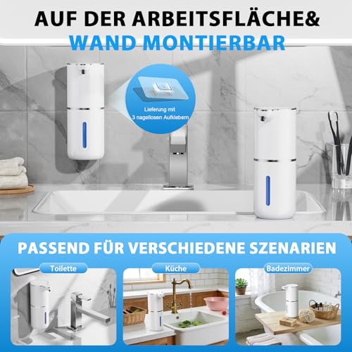 Fantictas Automatischer Seifenspender, elektrischer Schaumseifenspender, USB wiederaufladbar, 4 Stufen verstellbar, 380 ml Wandhalterung, geeignet für Badezimmer/Küche/Geschirrspülmittel, Weiß