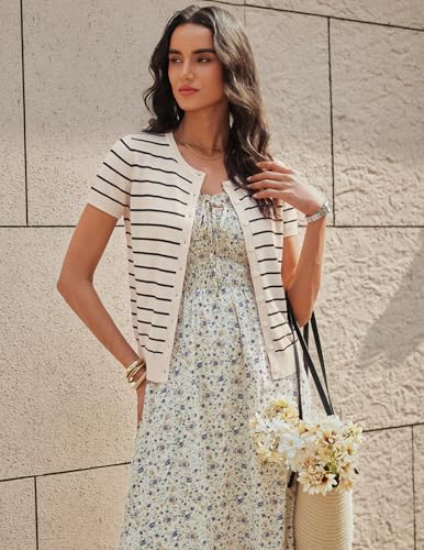 Image of GRACE KARIN Women Short Sleeve Cardigan, 2026 Summer Knitted Sweater Tops, Basic Crew Neck Crop Outfits