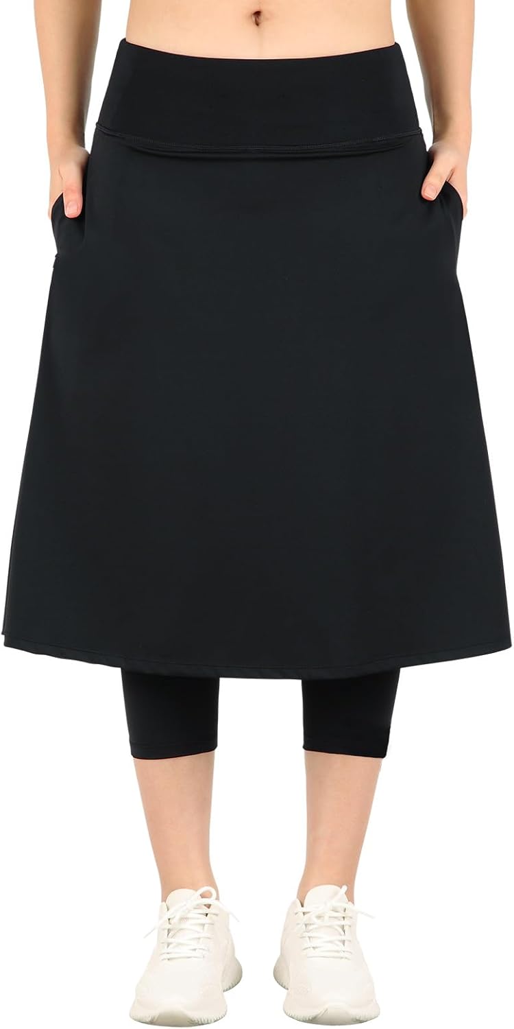 Womens Athletic Skirted Leggings with Pockets High Waisted Knee Length Skirts with Capris Leggings for Tennis - Image 2