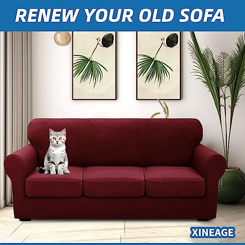 XINEAGE 2025 New 4 Pieces Extra Large Couch Covers for 3 Cushion Sofa Super Stretch Sofa Cover for 3 Large Seat Cushion Universal Fitted Slip Cover for Living Room (Wine Red), 91"-110"(3 Cushions)
