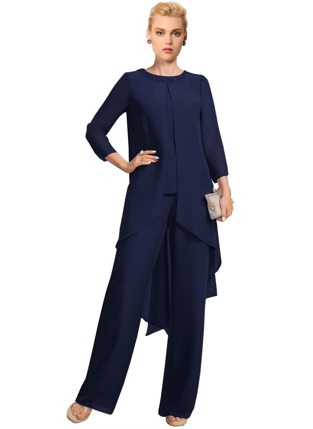 2 Piece Mother of The Bride Pant Suits for Women Dressy - 3 4 Sleeve Chiffon Sparkly Sequin
