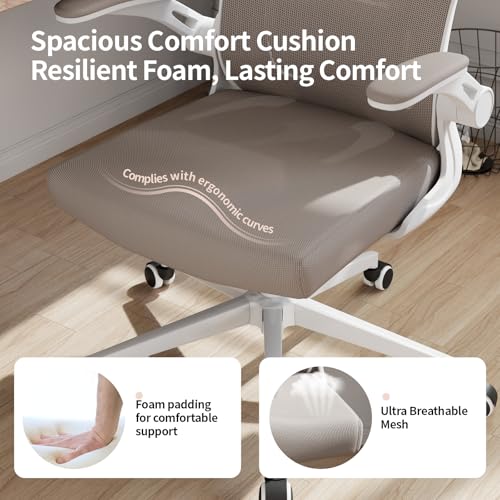 Image of Office Chair Ergonomic Desk Chair with Lumbar Support&Headrest&Flip-up Arms Height Adjustable Rocking Swivel High Computer Chair Multi-Angle from 90 to 125 with 350LBS Capacity(White+Khaki-2)