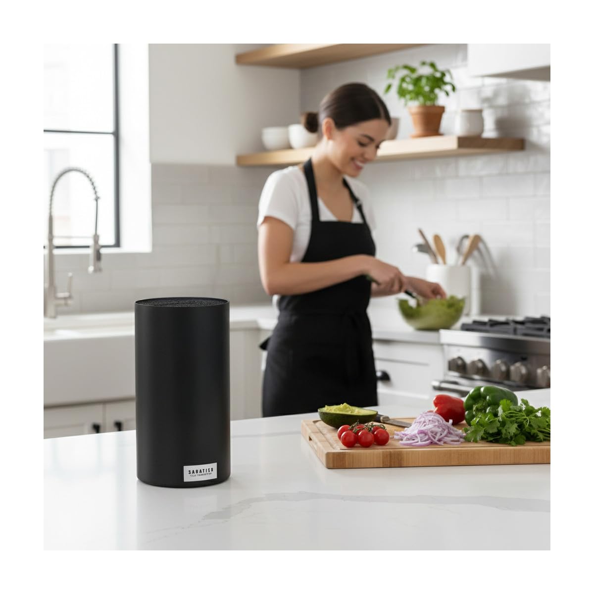 SABATIER TROMPETTE - Bloc tiges spaghetti rond avec 4 couteaux de cuisine : Utile, Office, Chef, Santoku - Asean - Acier 5Cr15MoV finition satinée manche tout inox - H 22 x D 11 cm - Inox