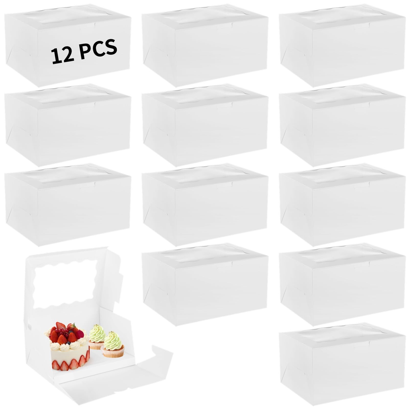 Juego de 12 cajas para tartas con cupcakes, embalaje blanco para mini pasteles y tartas, con una ventana de visualización transparente, perfecto para regalos y panaderías