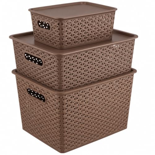 Image of Amazon Basics Set of 3 (Small, Medium, Large) Plastic Storage Baskets with Lid Stackable Shelf Basket, Storage Box & Organiser for Wardrobe, Kitchen,Clothes, Toys, Books, Office (Brown, Rectangular)