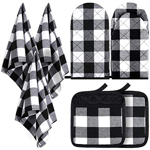 Image of 7 Pieces Buffalo Check Dish Towels Pot Holders Oven Mitts Set Cotton Plaid Kitchen Dish Towels Non-Slip Heat Resistant Oven Mitts and Pot Holders for Cooking Baking Grilling Supply (Black with White)