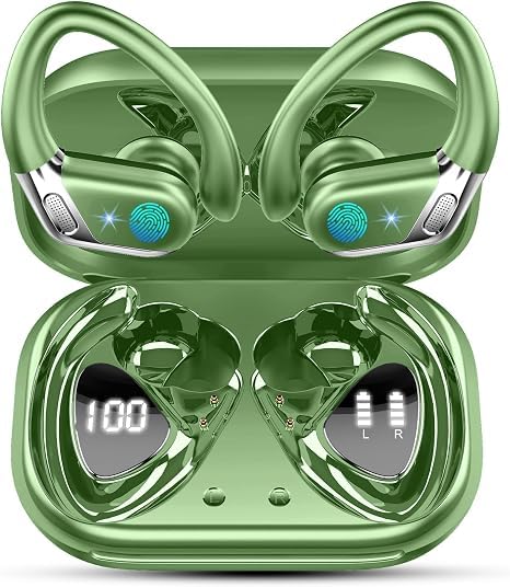 Image of Wireless Earbuds,2026 Bluetooth 5.4 Headphones Sport, 75H Deep Bass Sound Over Ear buds with 4 ENC Noise Cancelling Mic, Dual LED Display, IP7 Waterproof Earphones with Earhook for Workout, Green