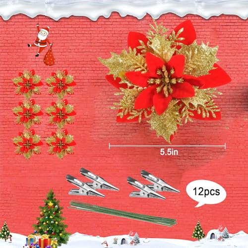 WUBAYI 12Pcs Glitter Artificial Poinsettia Flowers with 12 Stems & Clips - Image 2