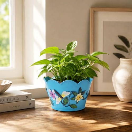 Image of Go Hooked Metal Flower Pot Planter (Pack of 3, 6 Inch) | Decorative Blue Indoor Outdoor Plant Pot with Floral Embossed Design | Round Planter for Home Balcony Garden Decor