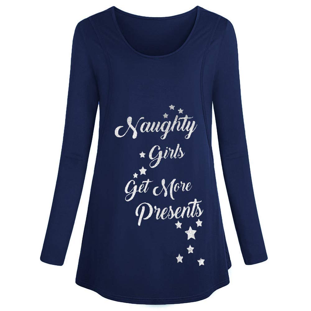 T-shirt dla kobiet w ciąży dla karmienia piersią ubrania dla kobiet w ciąży z nadrukiem odzież ciążowa list Boże Narodzenie długie rękawy karmienie piersią bluzka do karmienia dla kobiet kobiet topy ciążowe, Ciemnoniebieski, L