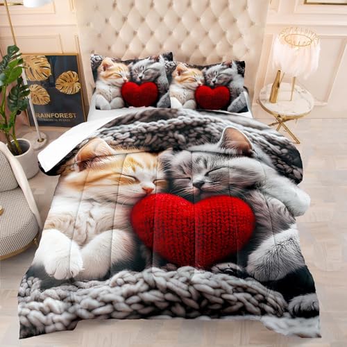 Edredon Cama 150 Corazón De Gato Gris Relleno Nordico Cama 150 Cálido y Cómodo con 2 Fundas de Almohada Relleno Nordico 4 Estaciones Transpirable Edredón Invierno Cama 150 (203x228 cm)