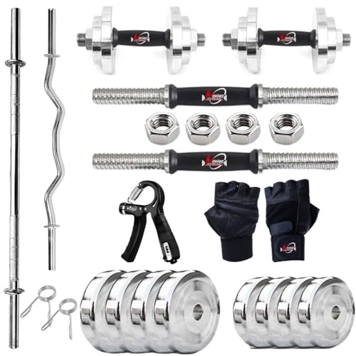 Image of Steel Weight Plates Combo 70KG | Home Gym Steel Set with 5Ft Straight Barbell Rod & 3Ft Curl Bar (25mm), Pair of Steel Dumbbell Rods, Heavy-Duty Collars, Hand Gripper & Gym Gloves - Complete Strength Training Kit for Home Workout