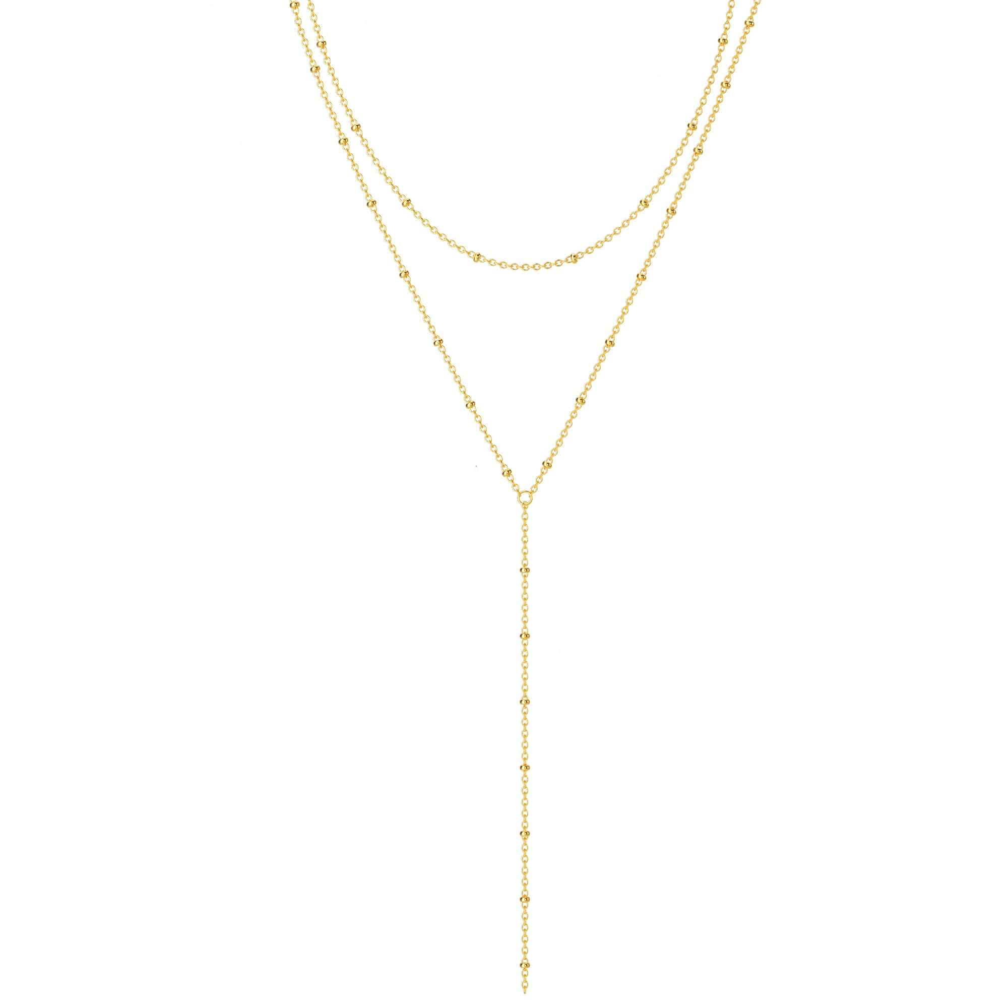 Foxgirl Lariat Gold Necklace for Women, Dainty Long Necklace 14k Gold Plated/Silver Y-Shaped Pendant Necklace Trendy Layered Cz Beaded Chain Drop Necklaces Simple Gold Jewelry For Women Gift