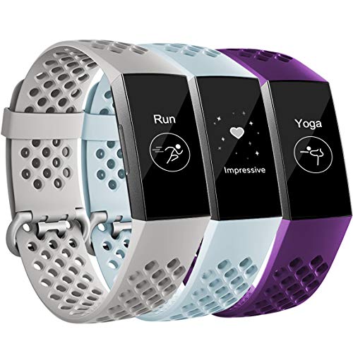 Maledan Compatible with Fitbit Charge 3 Bands, Replacement Accessories Breathable Sport Band Wristbands with Air Holes for Charge 4/ Charge 3/ Charge 3 SE, Grey/Plum/Aqua, Small