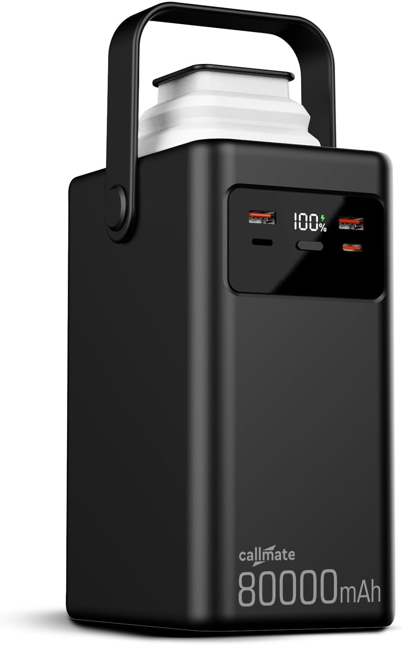 CALLMATE 80000mAh 23W Fast Charging Power Bank with 4 in 1 Built-in Detachable Cables, USB-C PD & Dual USB-A QC 3.0 Outputs with Lightn-ing Input & Digital Display (Black, Pop-Up LED Light)