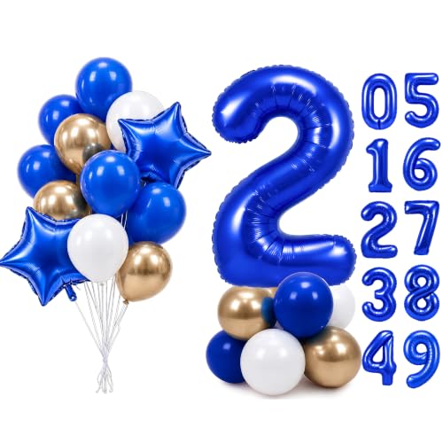 Image of PartyWoo Royal Blue Number 2 Balloon 40 Inch 25pcs Blue Star White Gold