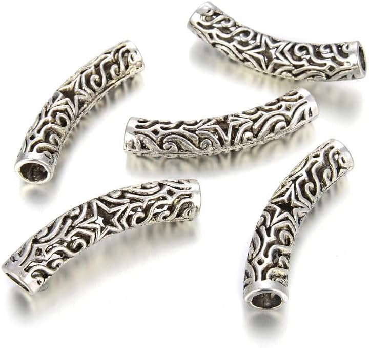50pcs Curved Noodle Tube 40mm (1.57 Inch) Grapevines Loose Beads Antique Silver Connector (Large Hole ~ 4.5mm) for Jewelry Craft Making MC-L2