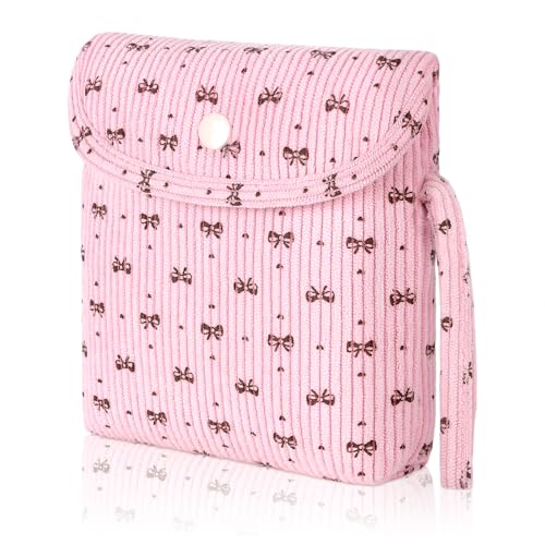 Image of Bow Corduroy Sanitary Pad Pouch Soft Discreet Pad Bags for Period for Women Cute Nursing Pad Holder Menstrual Cup Tampon Pouch First Period Gift Feminine Bag (Pink)