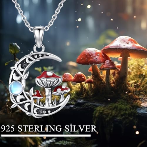 TRISHULA Moon Mushroom Necklace 925 Sterling Silver Mushroom Pendant Moon Phase Necklaces Mushroom Jewelry Gift for Women Mushroom Lover Anniversary Christmas Gift 6