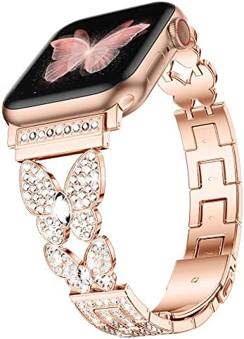 DGege Bling Butterfly Compatible for Apple Watch Bands 38mm 40mm 41mm Women Girls, Cute Metal Bracelet with Sparkle Rhinestone Jewelry Strap for iWatch Series 8 7 6 5 4 3 2 1 SE Ultra, Rose Gold