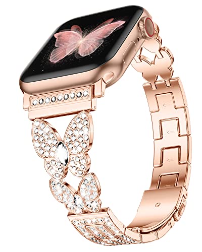 Dgege Bling Butterfly Compatible For Apple Watch Bands 38Mm 40Mm 41Mm Women Girls, Cute Metal Bracelet With Sparkle Rhinestone Jewelry Strap For Iwatch Series 8 7 6 5 4 3 2 1 Se Ultra, Rose Gold #TOP26