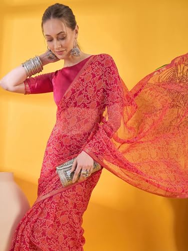 Image of SIRIL Women's Printed Chiffon Saree with Unstitched Blouse Piece