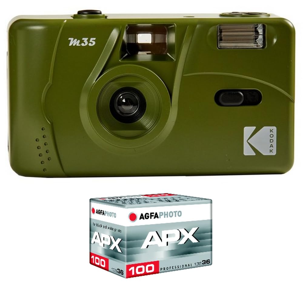 KODAK Pack M35 Argentique + Pellicule 100 ASA - Appareil Photo Kodak Rechargeable 35mm Olive Green, Objectif Grand Angle Fixe, Viseur optique , Flash Intégré + Pellicule APX 100, 36 poses
