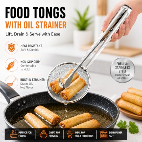 Image of Multi-Functional Frying Tong 2 in 1 Fry Tool Filter Spoon Frying Strainer with Clip, Oil Frying BBQ Filter Stainless Steel Filter Spoon and Clip [ Pack of 1 ]
