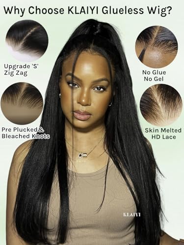 Image of KLAIYI Yaki Straight Bye Bye Knots Glueless Wig 7x5 Precut Lace Front Wigs Human Hair Put On and Go Wigs for Beginners Pre Bleached Pre Plucked Pre Everything 3S Easy to Ready to Wear Kinky Wig 20Inch