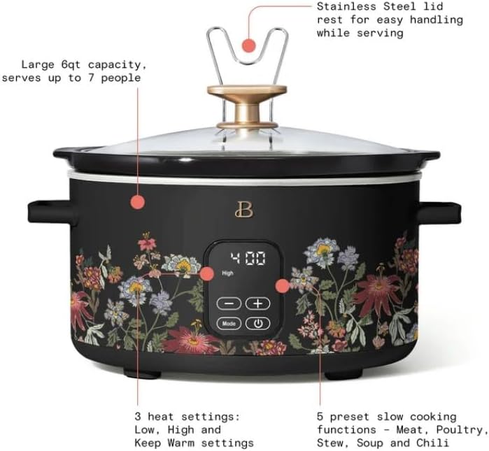 Beautiful 6~Quart Programmable Slow Cooker, Wildflower Black~Sesame by Drew Barrymore,Touch-activated display,Dishwasher Safe Removable Ceramic Pot And Tempered Glass Lid.