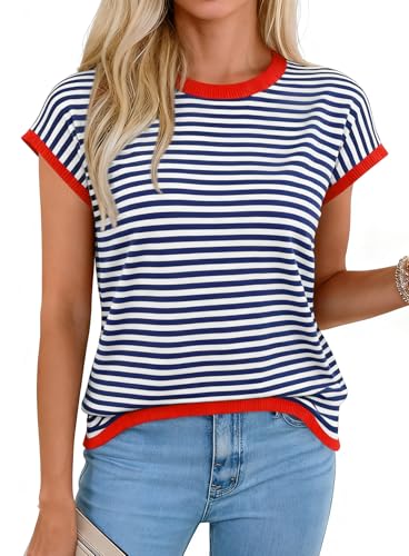 Image of Cap Sleeve Tops for Women Summer Striped Short Sleeve Sweater Top Crew Neck Sleeveless Vest Spring Going Out Shirts