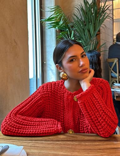 Yimoon Women's Cropped Cardigan Sweater Button Down Long Sleeve Chunky Knit Cardigan Fall Open Front Sweater Coat with Pocket(Red-L), Large2