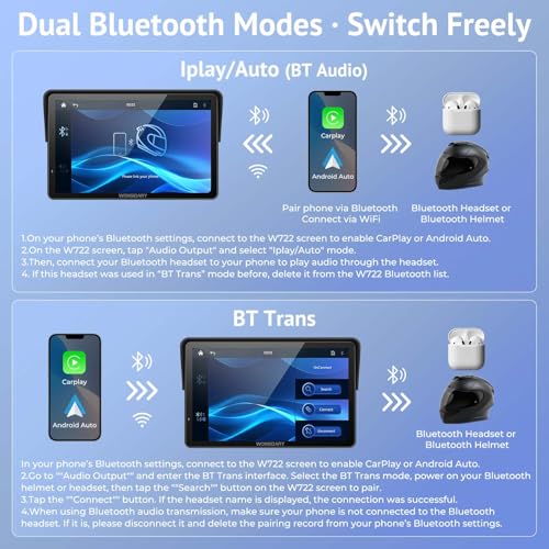 2025 Wonsidary W722 for Motorcycle CarPlay & Android Auto,7" Waterproof Smart GPS Navigation System Screen,Car Play Moto with Light Sensor,Dual Bluetooth,Siri/G-Assist,EQ,USB/Hardwired Power Supply