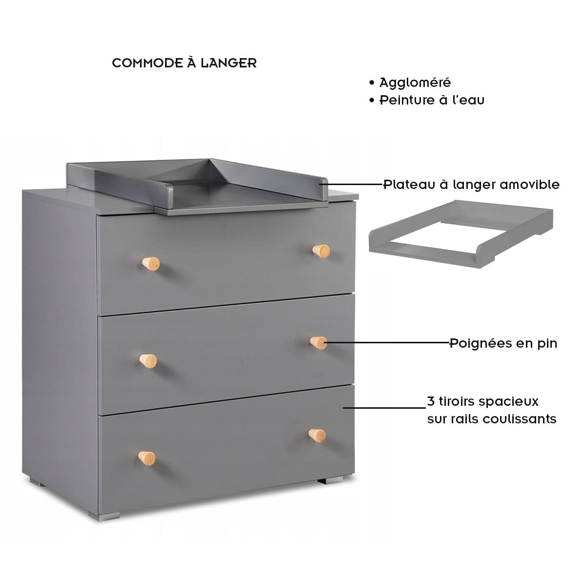 Mon Mobilier Design Pauline Ensemble Commode à Langer + lit bébé Gris/Bois 120x60 cm
