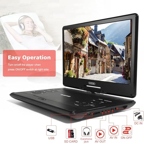 Image of 16.9 inch Portable DVD Player with 14.1 inch Large HD Screen,High Volume Speaker,4-6 Hours Built-in Rechargeable Battery,Support USB /SD Card /Sync TV and Multiple Disc Formats,Region Free,Remote Control,Black