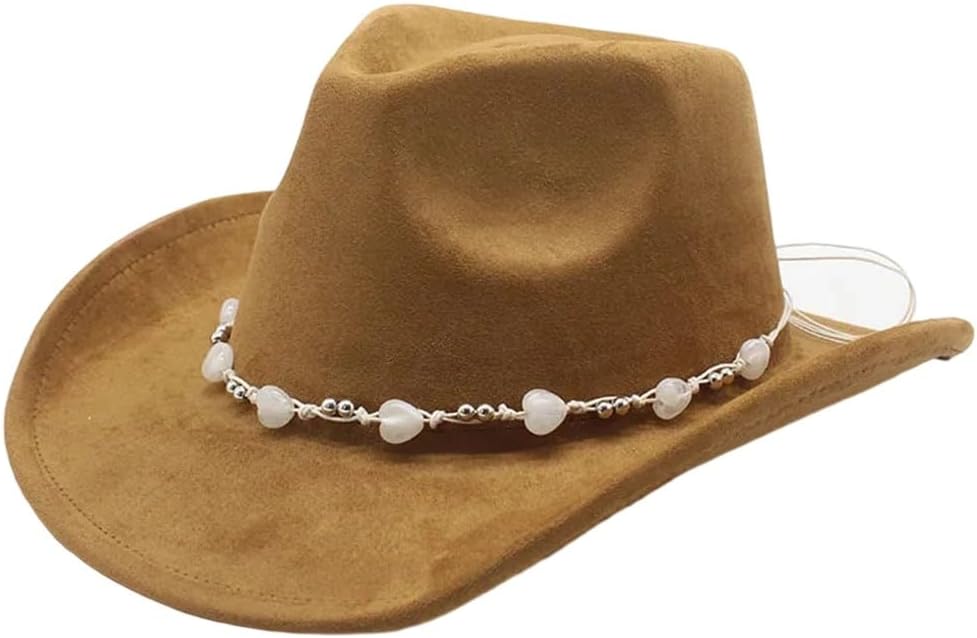 Women's Western Cowboy Hat White Heart Band Curved Brim Elegant Style Outdoor Riding Travel Cap