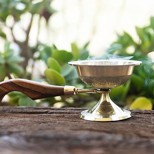 Image of Alodie - Brass Sambrani Stand & Loban Dhoop Dani Burner with Wooden Handle for Kapur - Sambrani Dhoop Holder Pooja Items for Home (Medium 9x3.5x2.8)