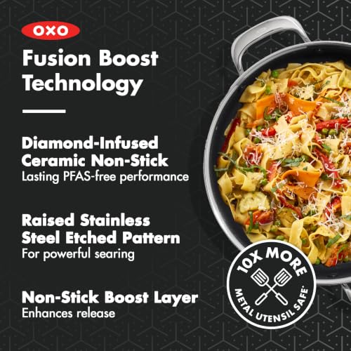 Image of OXO Trident Hybrid 12 inch Nonstick Stainless Steel Every Day Pan with Glass Lid, PFAS-Free Ceramic Jumbo Saute Skillet, Induction & All Cooktop Compatible, Dishwasher Safe, Mirror Polished Tri-Ply