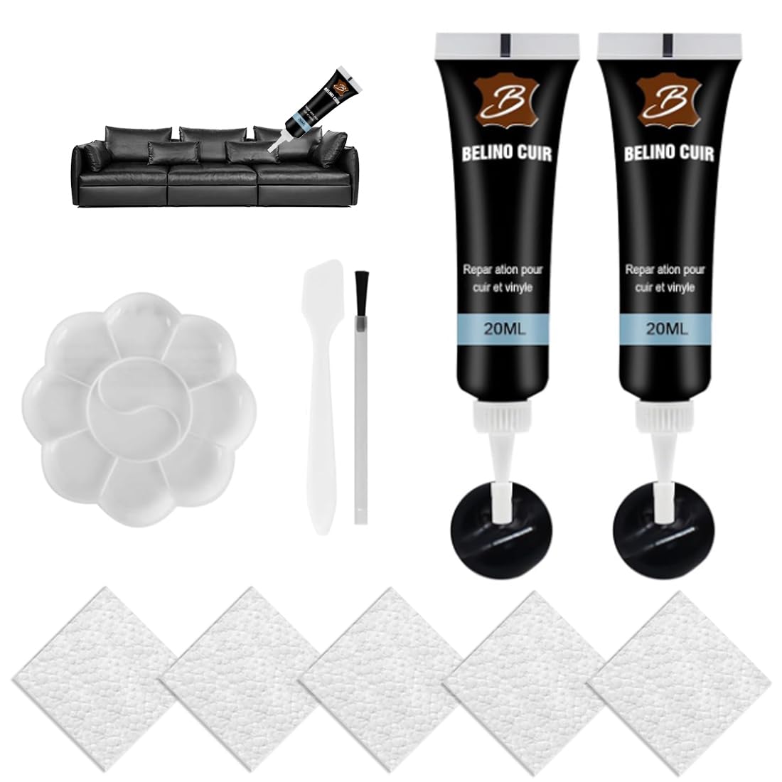 JCOTCL Leder Reparatur Schwarz Set – Schwarz Flüssigleder für Auto, Sofa & Lenkrad – Profi Kunstleder Reparaturset gegen Risse, Löcher & Kratzer – Inkl. 5 Strukturpapiere & Werkzeug(2x20ml)