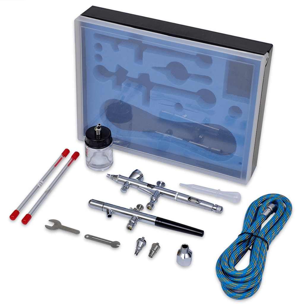 Kit de aerografía con 2 pistolas, estuche de herramientas de plástico, boquillas de 0,2 a 0,5 mm, manguera de aire de 1,8 m, para pintar, pintar, pintar madera, metal, muebles, coche