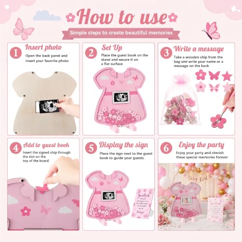 Image of Kosiz Pink Dress Baby Shower Guest Book, Acrylic Guest Book Alternative with Wooden Flowers and Butterflies for 60 Guests, Baby Shower Sign and Nursery Keepsake