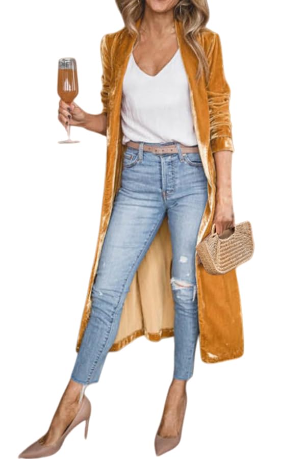 Womens Velvet Long Jacket Lightweight Open Front Cardigan Chirstmas Party Dinner Outfits with Pockets