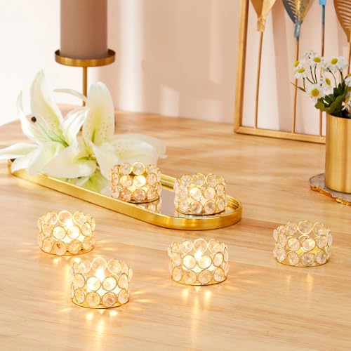 Image of Amazon Brand - Solimo Crystal Tealight Candle Holder | Votives Bowl for Home Decor & Gifting (Pack of 6) | 6 x 6 x 3.5 cm Each | Gold Finish