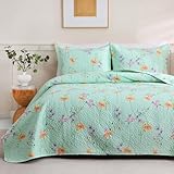 JSD Green Floral Quilt Set Twin Size, 2 Piece Printed Bedspreads Coverlet with Pillow Sham, Soft Microfiber...