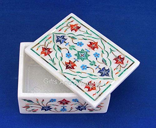 Boîte à bijoux marbre incrustation pierres multicolores rectangulaire - 2